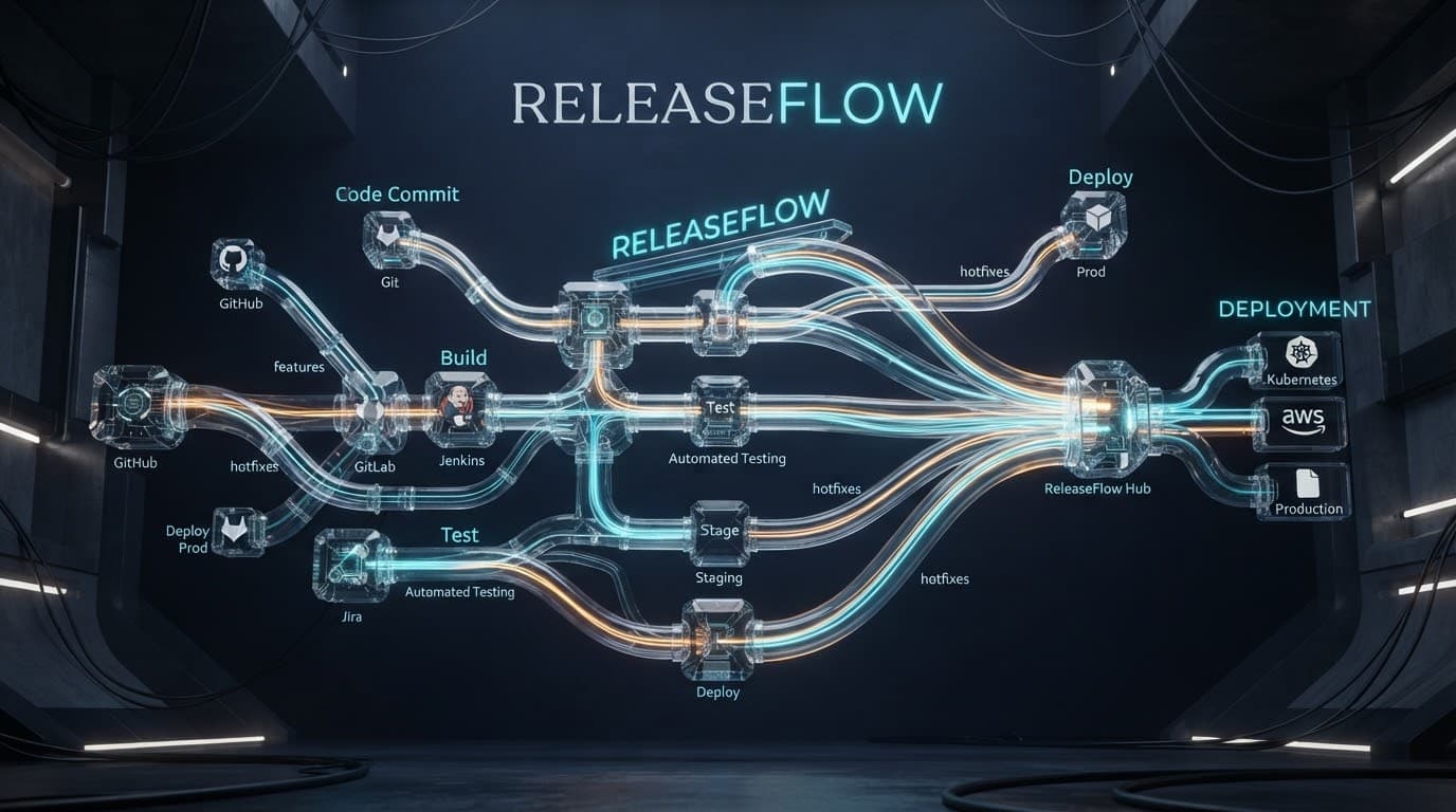 Visualización de orquestación de releases y ramas Git con IA — ReleaseFlow